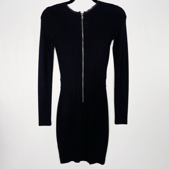 French Connection Size 0 Black Lace Inset Long Sleeve Ponte Knit Bodycon Dress - Picture 2 of 9